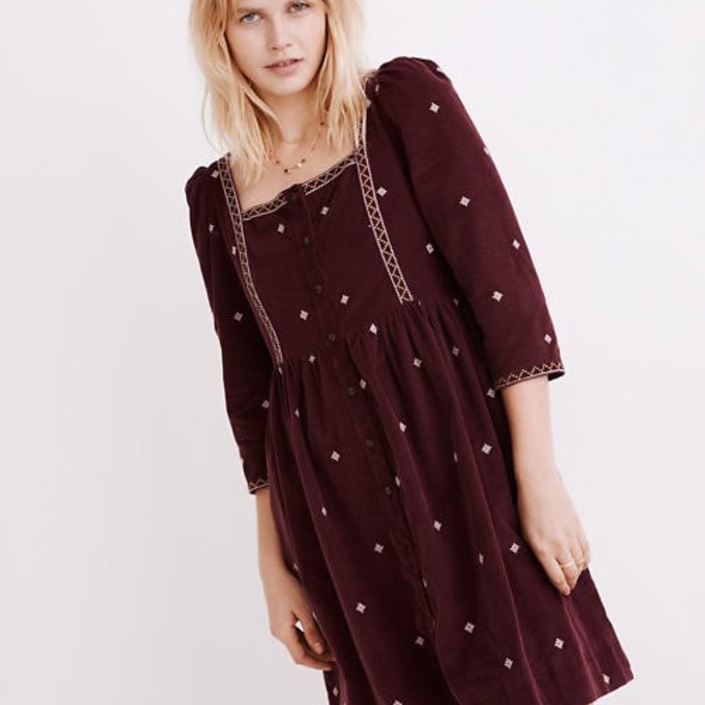 Madewell Embroidered Corduroy Button-Front Mini Dress